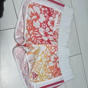 Adidas Women's Floral Athletic Shorts - White, Pink, and Orange